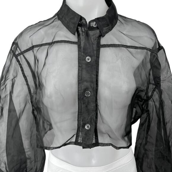 NEW By Anthropologie Black Balloon Long Sleeve Button Sheer Crop Blouse Top OS - Picture 3 of 5